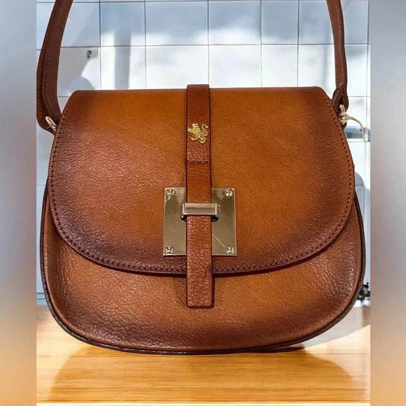 PRATESI FIRENZE MADE IN ITALY LEATHER FLAP OVER CROSSBODY BROWN NWT - Picture 2 of 11